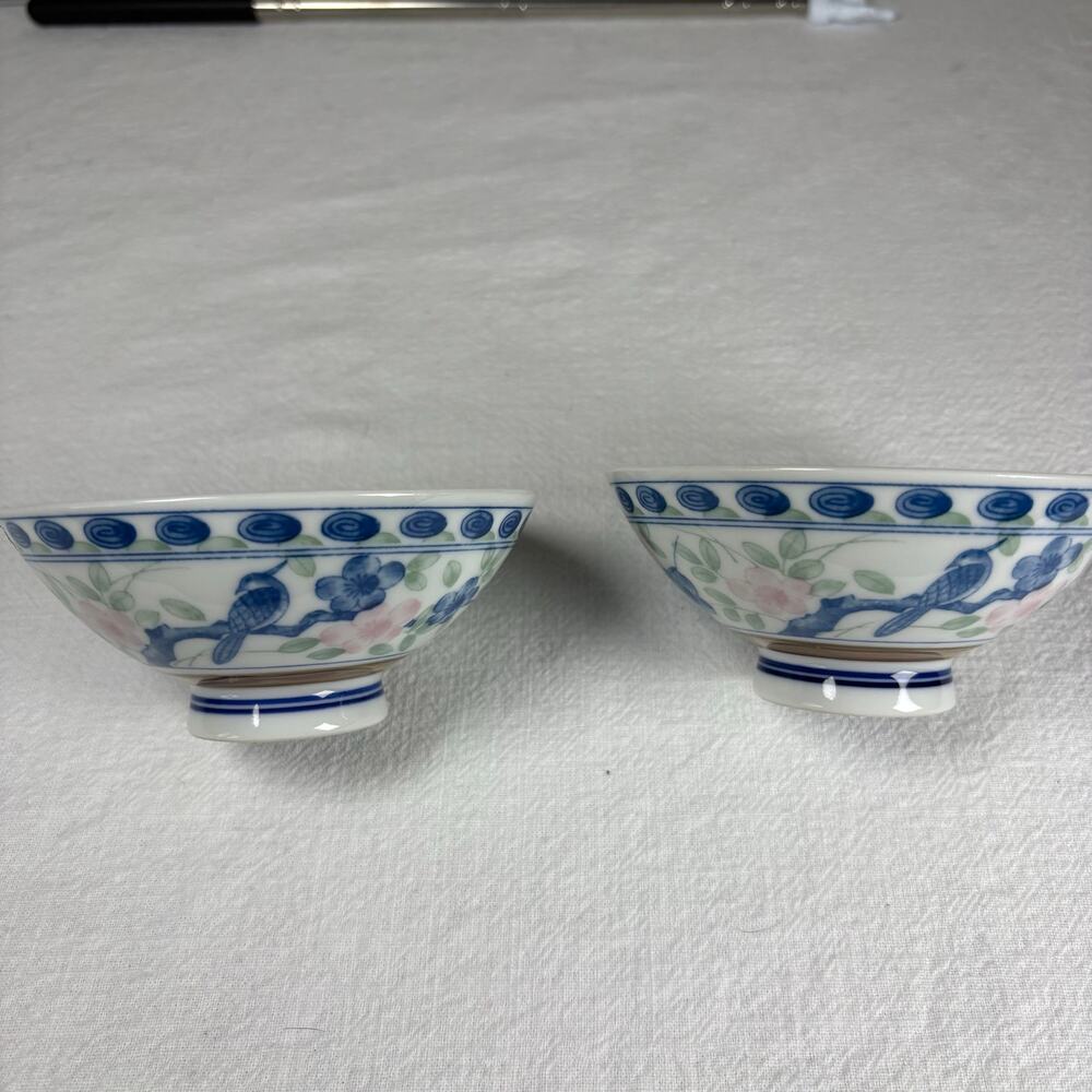Vintage Asian Porcelain Rice Bowls Set of 2 Blue Bird Floral Footed Bowls